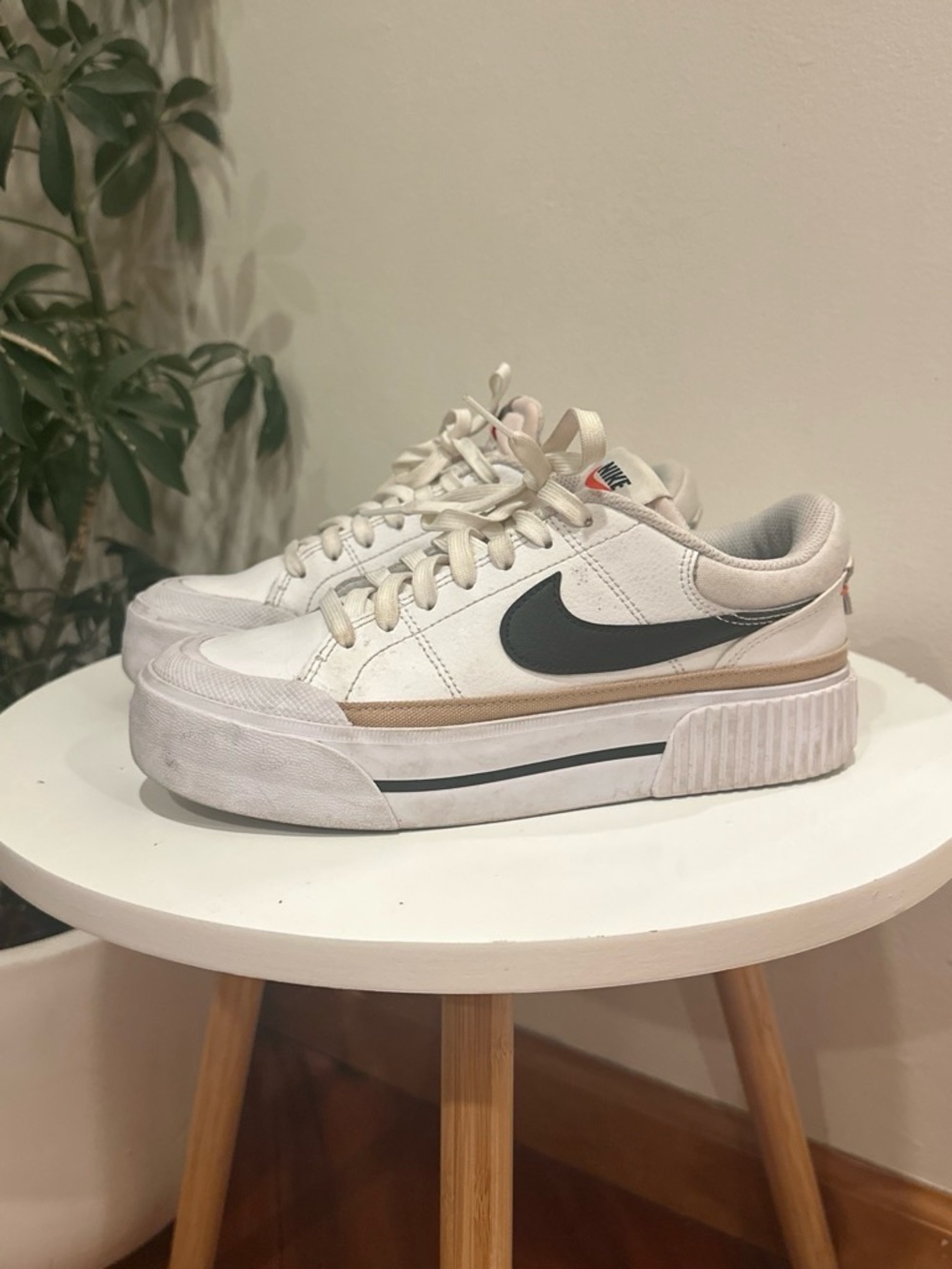 Nike Women's White Platform Sneakers with Black Swoosh and Tan Trim